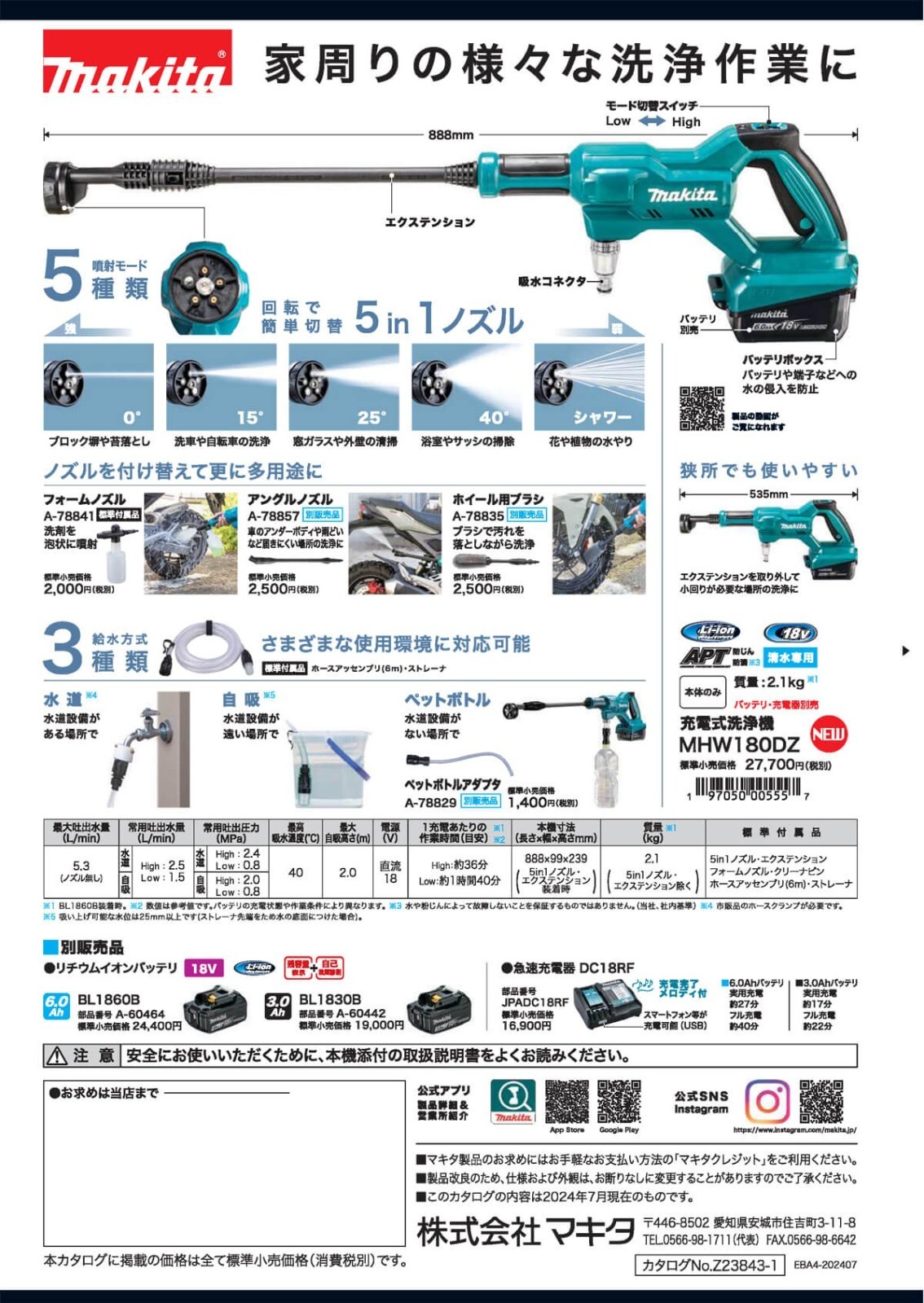 Makita MHW180DZ Rechargeable Handy type High Pressure washing machine Wash 18V
