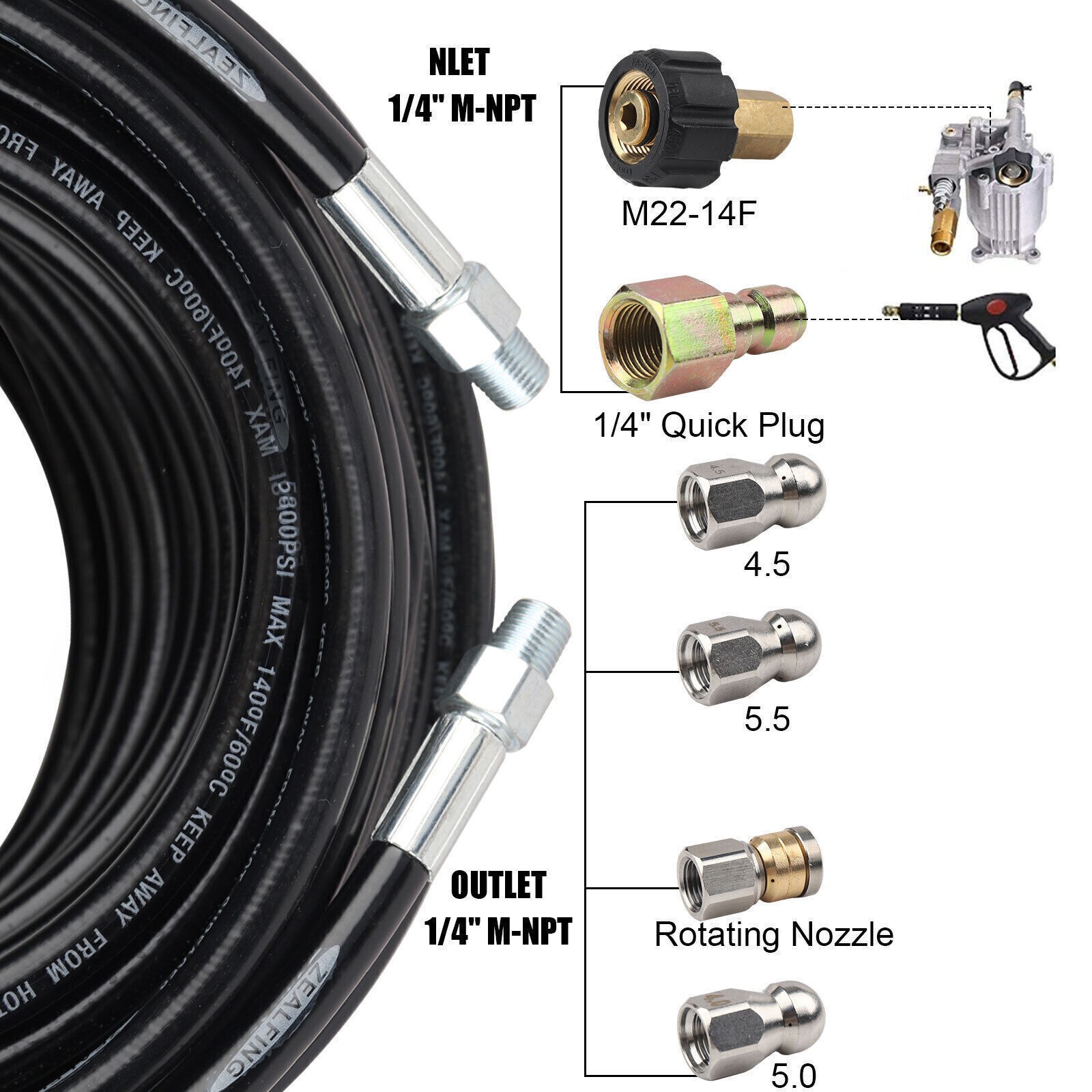 50/100ft Sewer Jetter Pressure Washer 5800PSI Hose Kit Clean Plumbing Drain Pipe