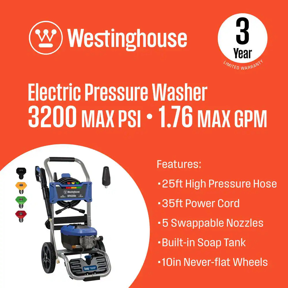 3200 Max PSI 1.76 Max GPM 13 Amp Cold Water Electric Powered Pressure Washer wit