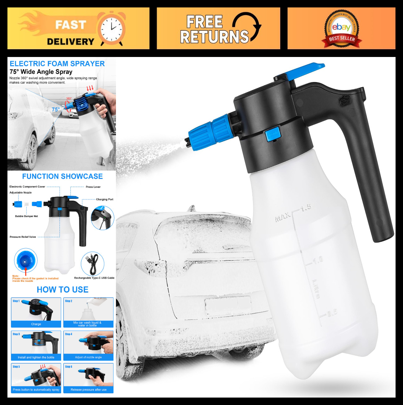 1.5L Electric Foam Sprayer for Car Wash – USB Rechargeable Handheld Pressure Was