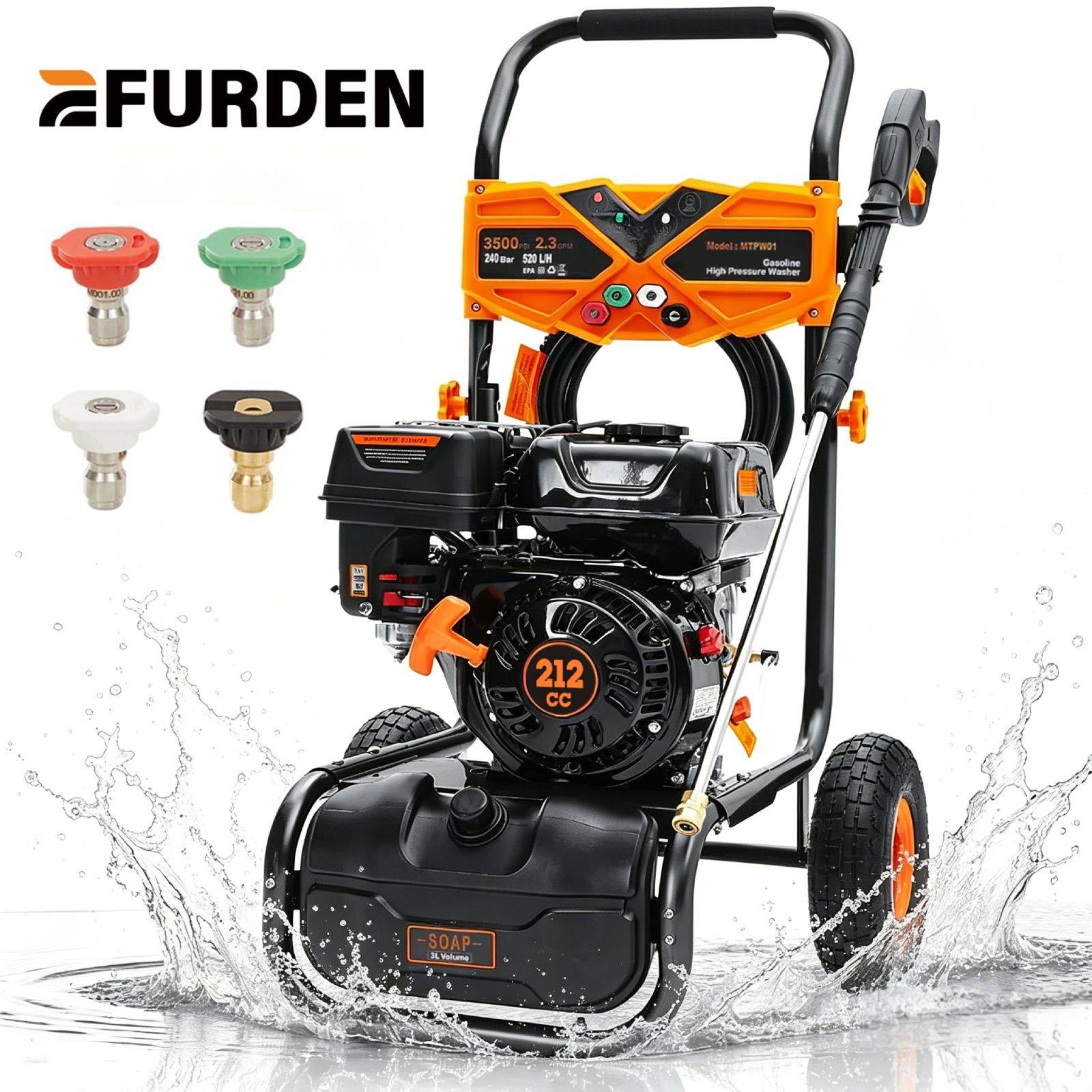 Efurden 3500PSI High Pressure Washer Gasoline 2.3GPM 212cc Engine for Car/Floor