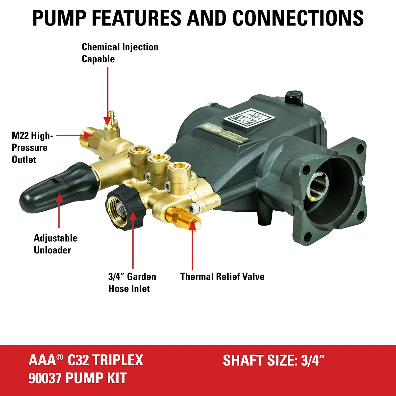 AAA 3700 PSI 2.5 GPM Replacement Triplex Pressure Washer 3/4″ Shaft, Black