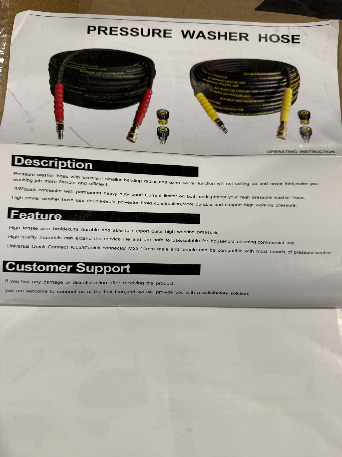 TIANTINGHEN MAX 4800 PSI PRESSURE WASHER HOSE – BLACK YELLOW