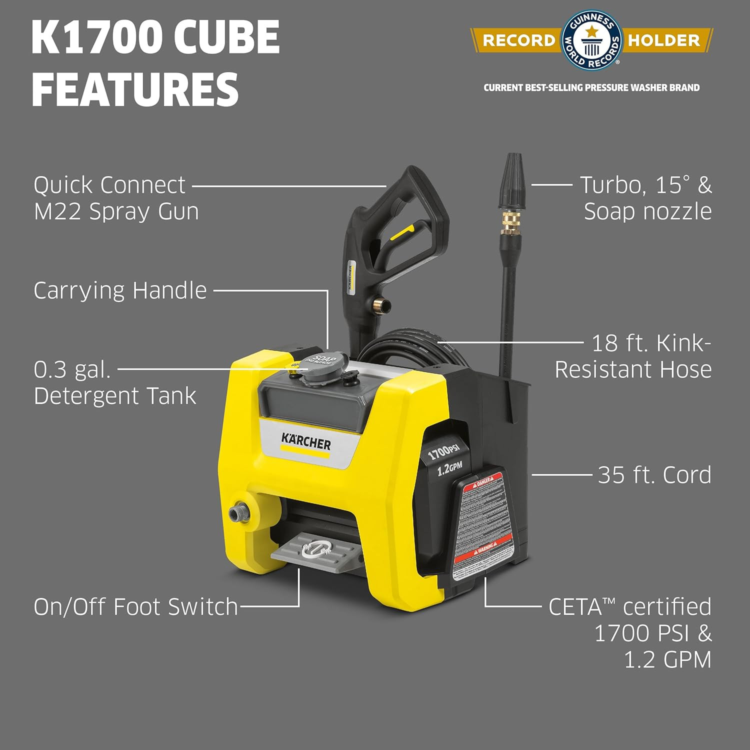 Kärcher Pressure Washer K1700 Cube, CETA Certified, 3 Spray Nozzles, Detergent T