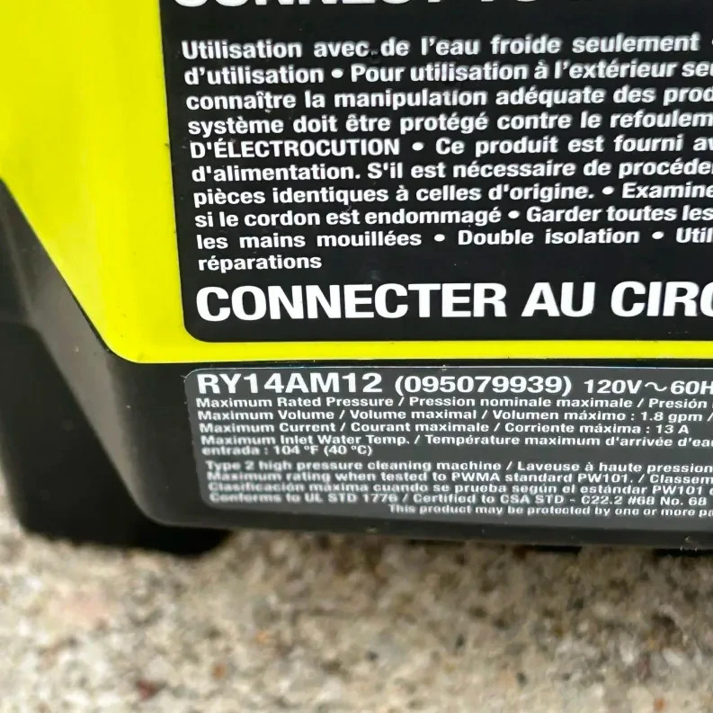 RYOBI 1200 PSI 1.8 GPM Cold Water Automotive Electric Pressure RY14AM12