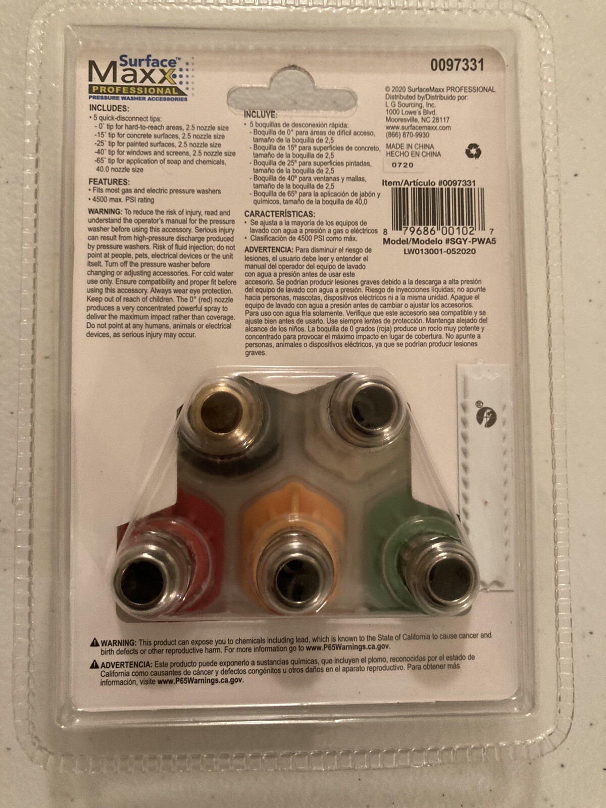Surface Maxx Pressure Washer Spray Nozzles Tips Gas Electric 5 Pack 4500 PSI