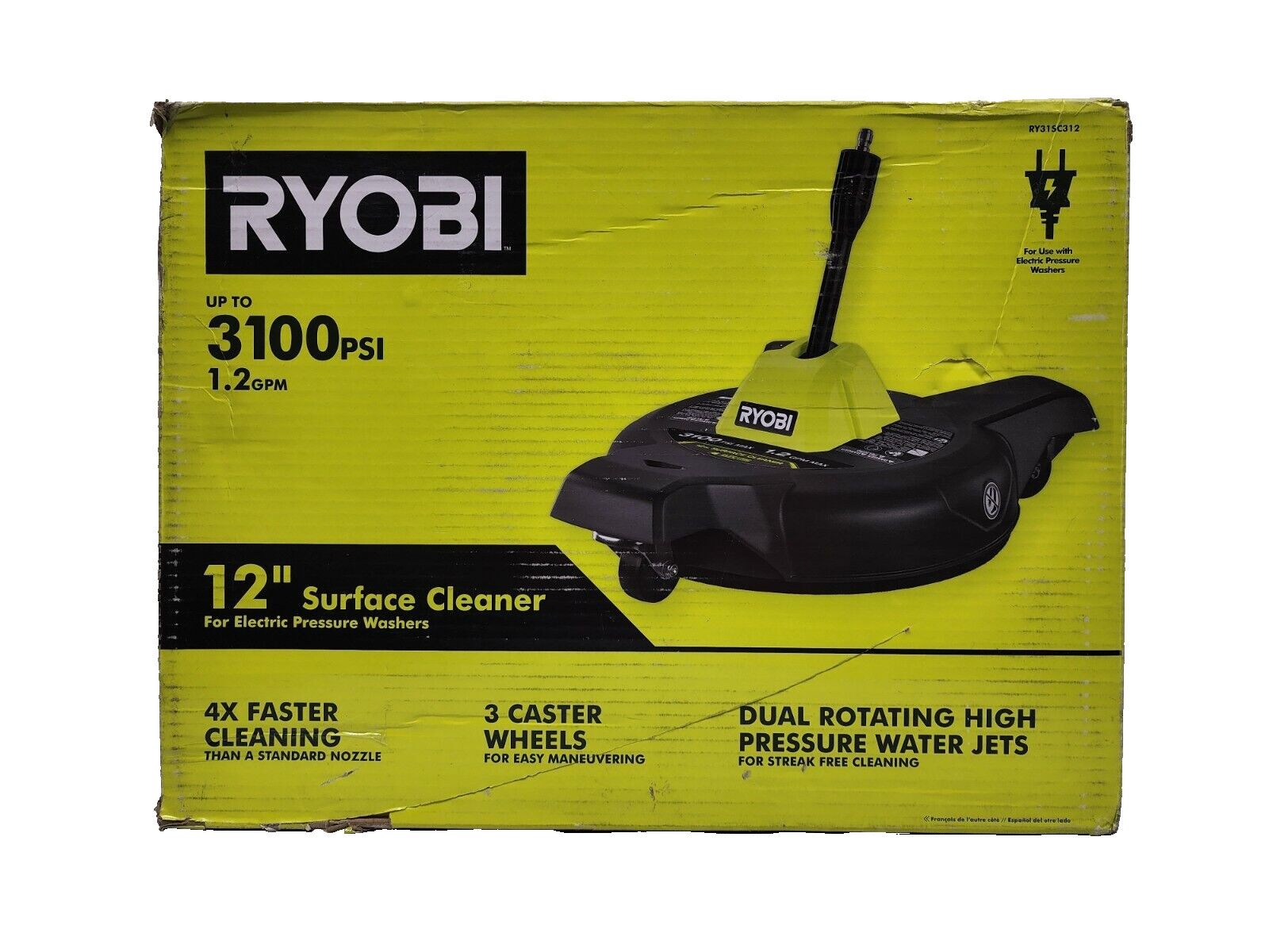 RYOBI 12 in. 3100 PSI Electric Pressure Washer Surface Cleaner with Caster