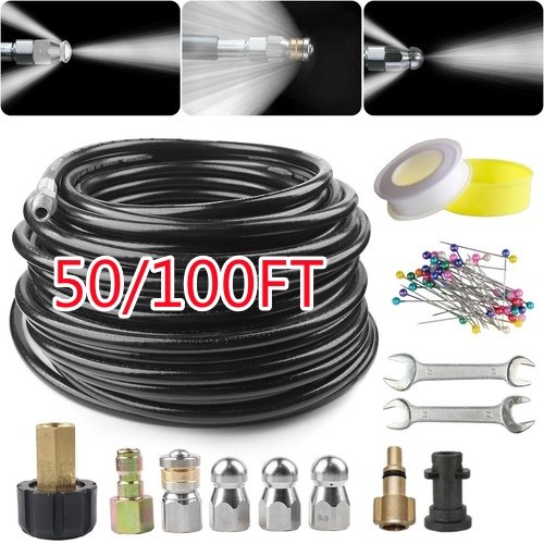 Complete Sewer Jetter Kit 50FT 100FT Hose 5800PSI 1/4″ NPT Nozzles & Fittings