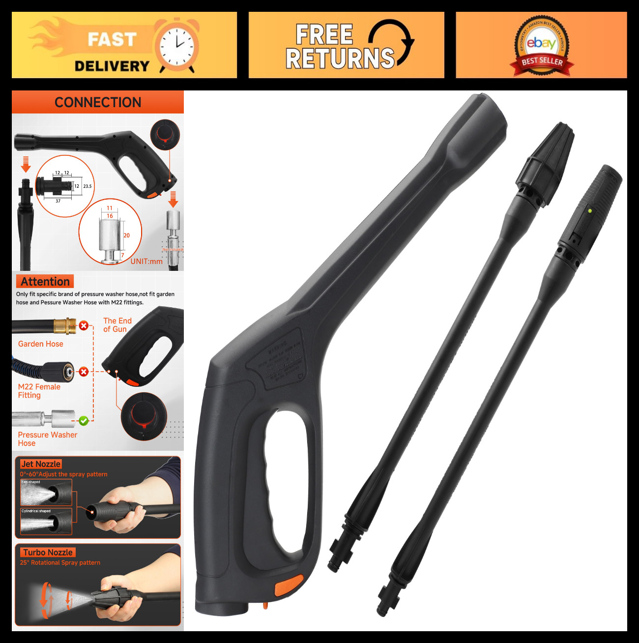 Pressure Washer Gun Replacement Wand with Jet Turbo Nozzle – Fits Most Models
