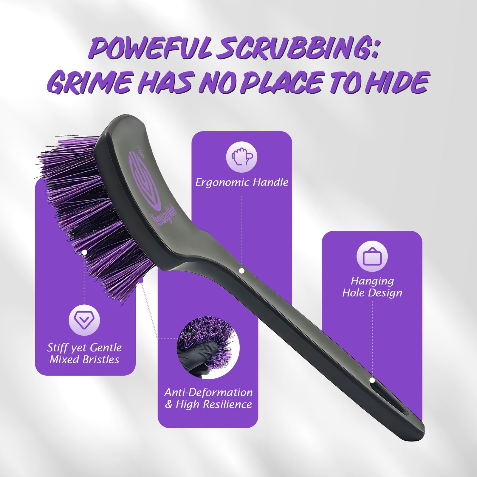 YeewayVeh Pro Tire Cleaning Brush, Stiff Mixed Bristles 1-Pack, Purple/Black