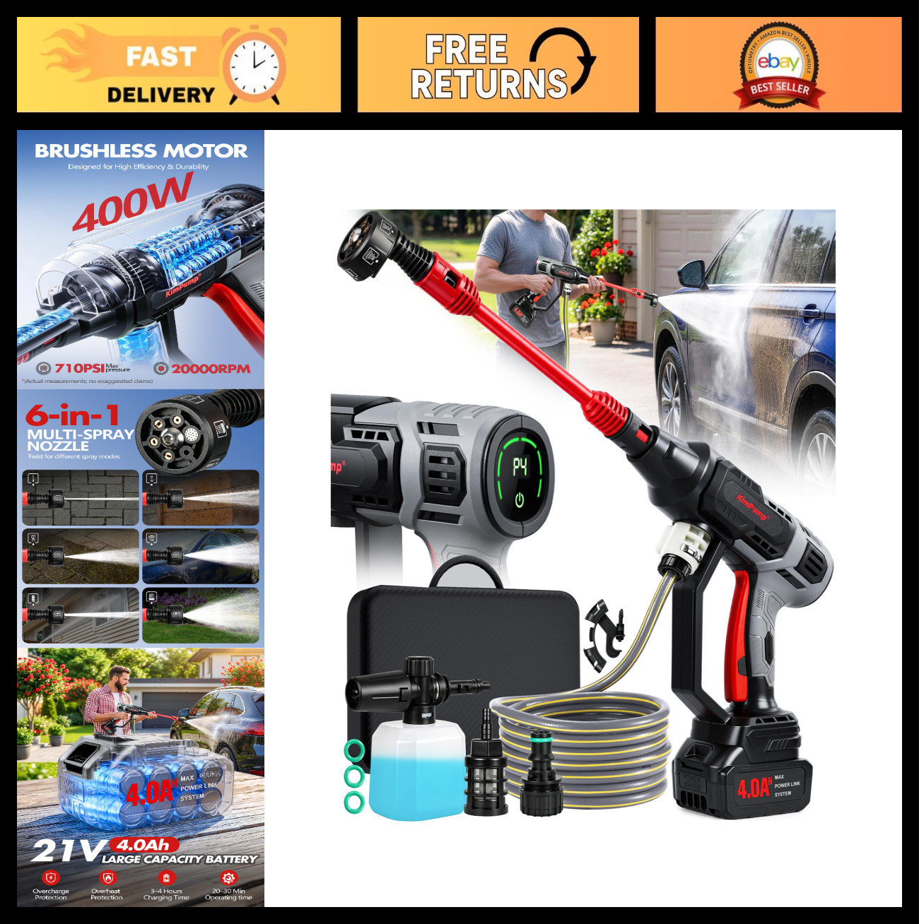 Portable Cordless Car Washer – 6-in-1 Nozzle, LCD Touch Panel, Adjustable Pressu