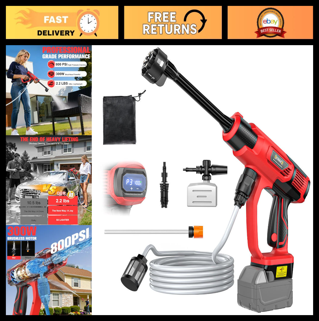 Portable Cordless Pressure Washer 800PSI, 2.2LBS, 16.4ft Hose, Foam Cannon, 6-in