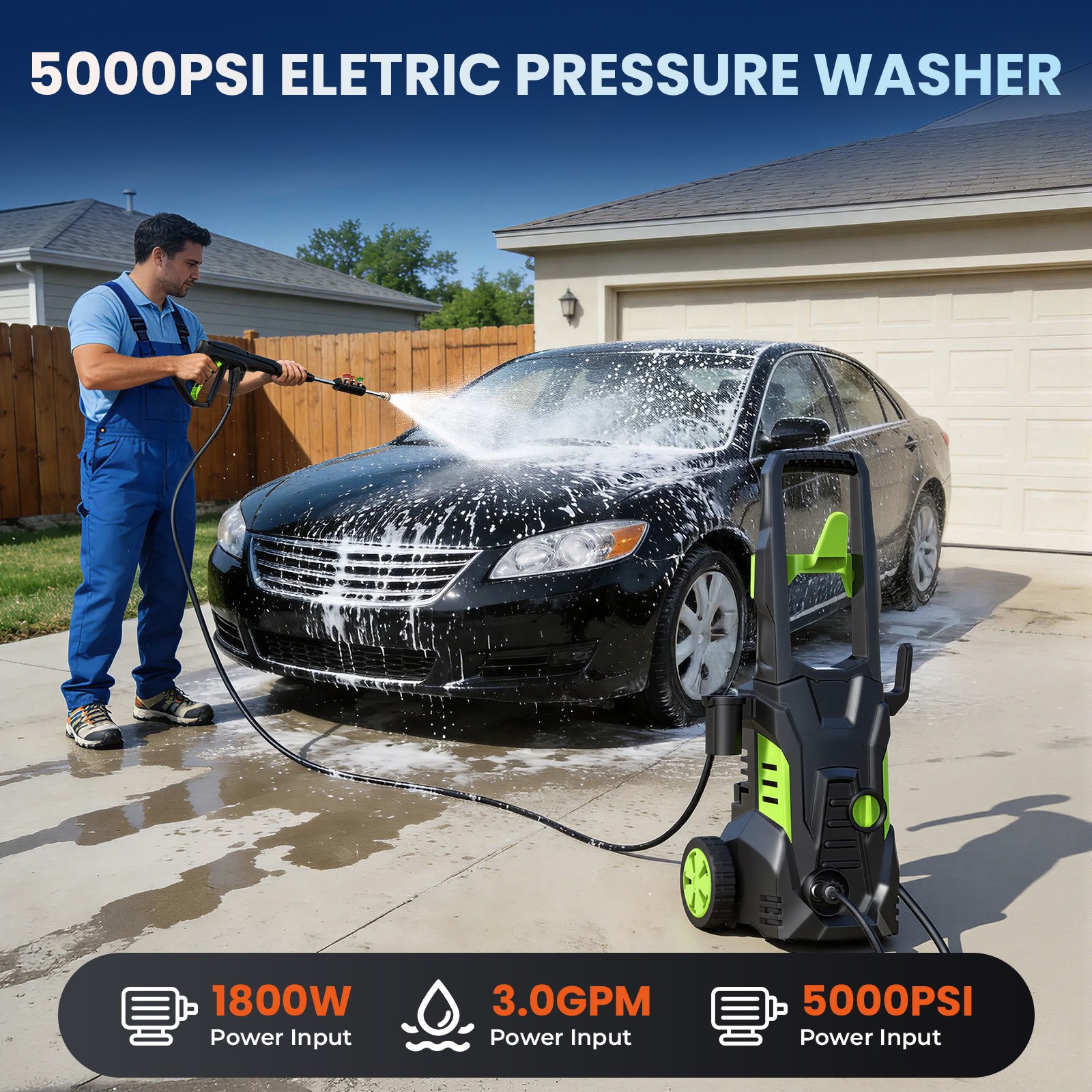 5000PSI Electric Pressure Washer Max 3.0GPM Portable Power Washer 4 Quick Nozzle
