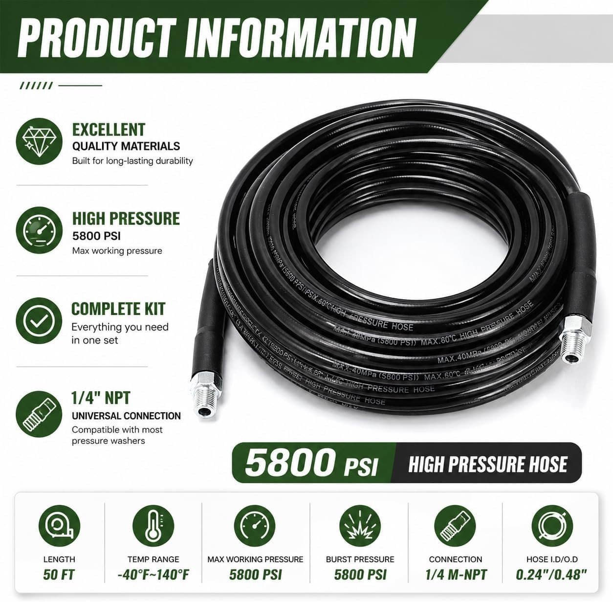 Sewer Jetter Kit for Pressure Washer, 50FT Drain Cleaner Hose 5800PSI
