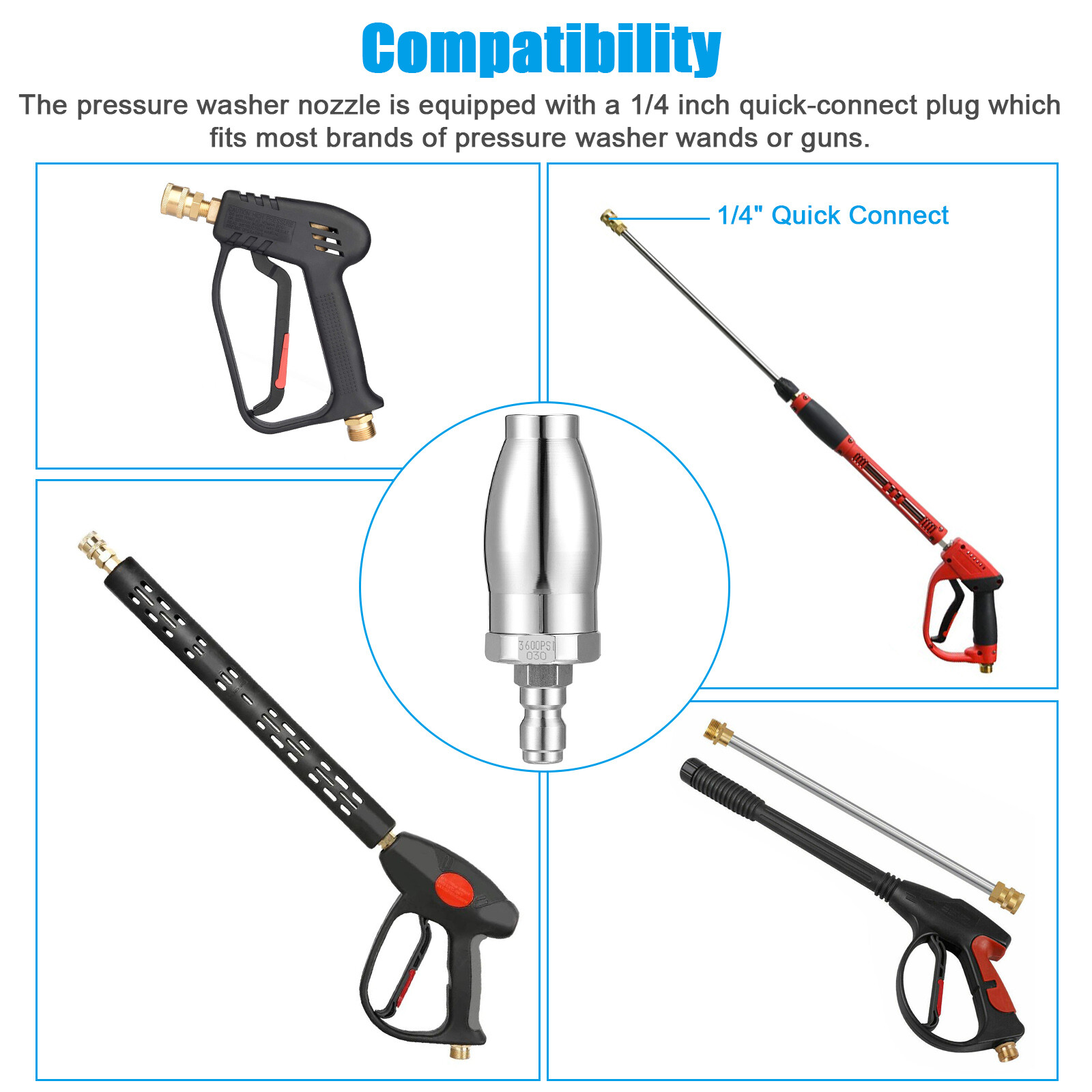 3600PSI Pressure Washer Turbo Rotating 3.0 GPM Nozzle w/1/4 Inch Quick Connect