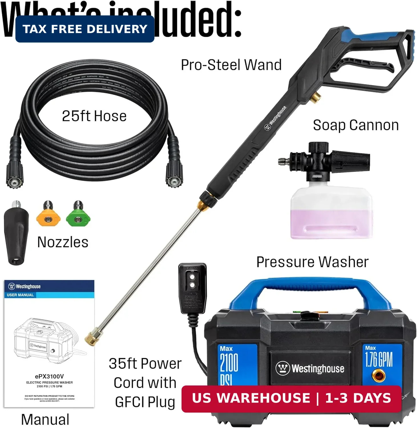 Westinghouse ePX3100v Electric Pressure Washer, 2100 Max PSI 1.76 Max GPM, Built