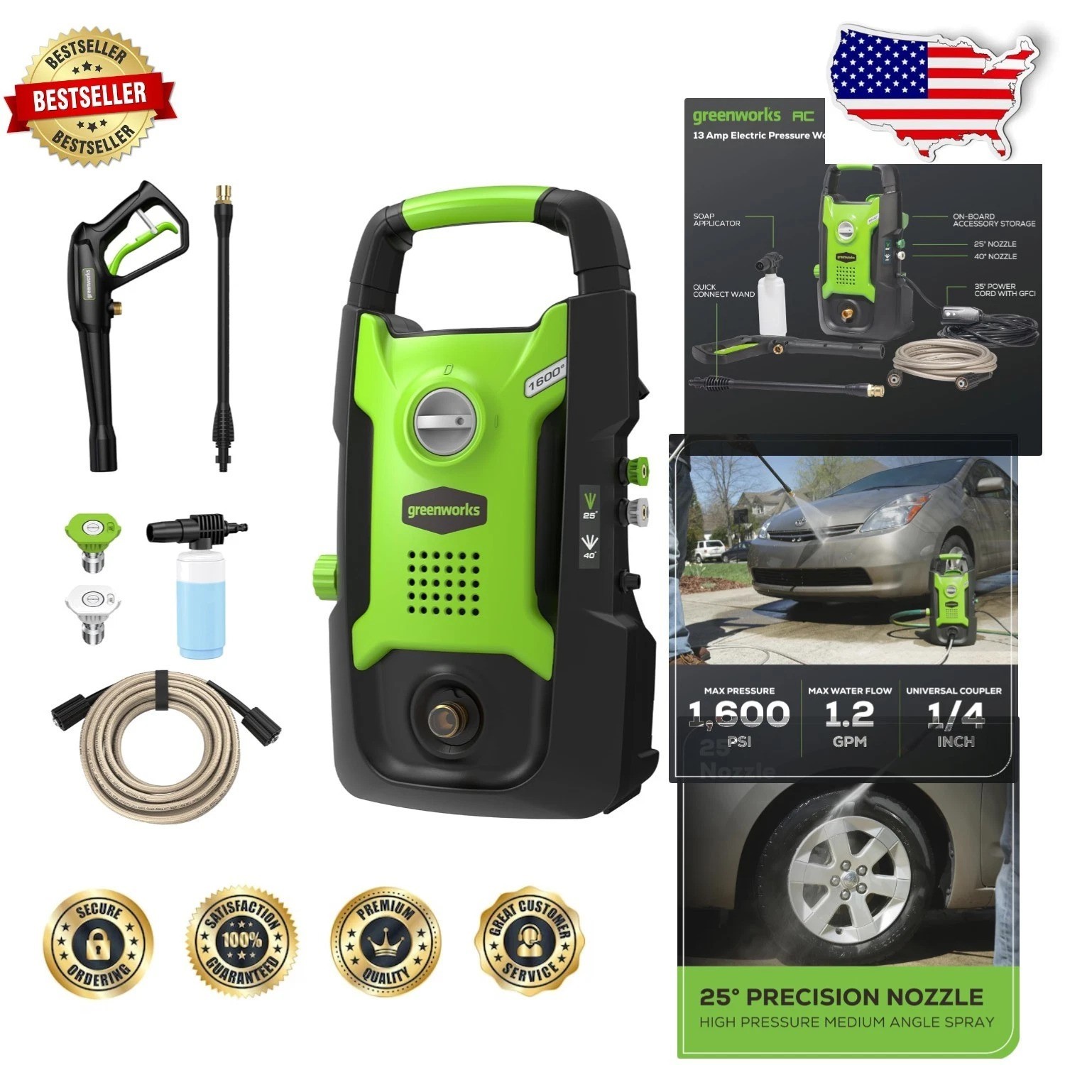 Compact 1600 PSI Electric Pressure Washer 1.2 GPM Certified 35ft Power Cord