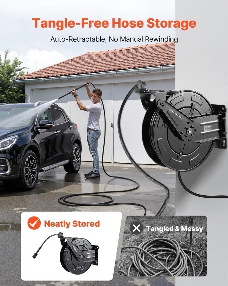 Retractable Pressure Washer Hose Reel 3/8″ x 50 ft 4000PSI Auto-Rewinding