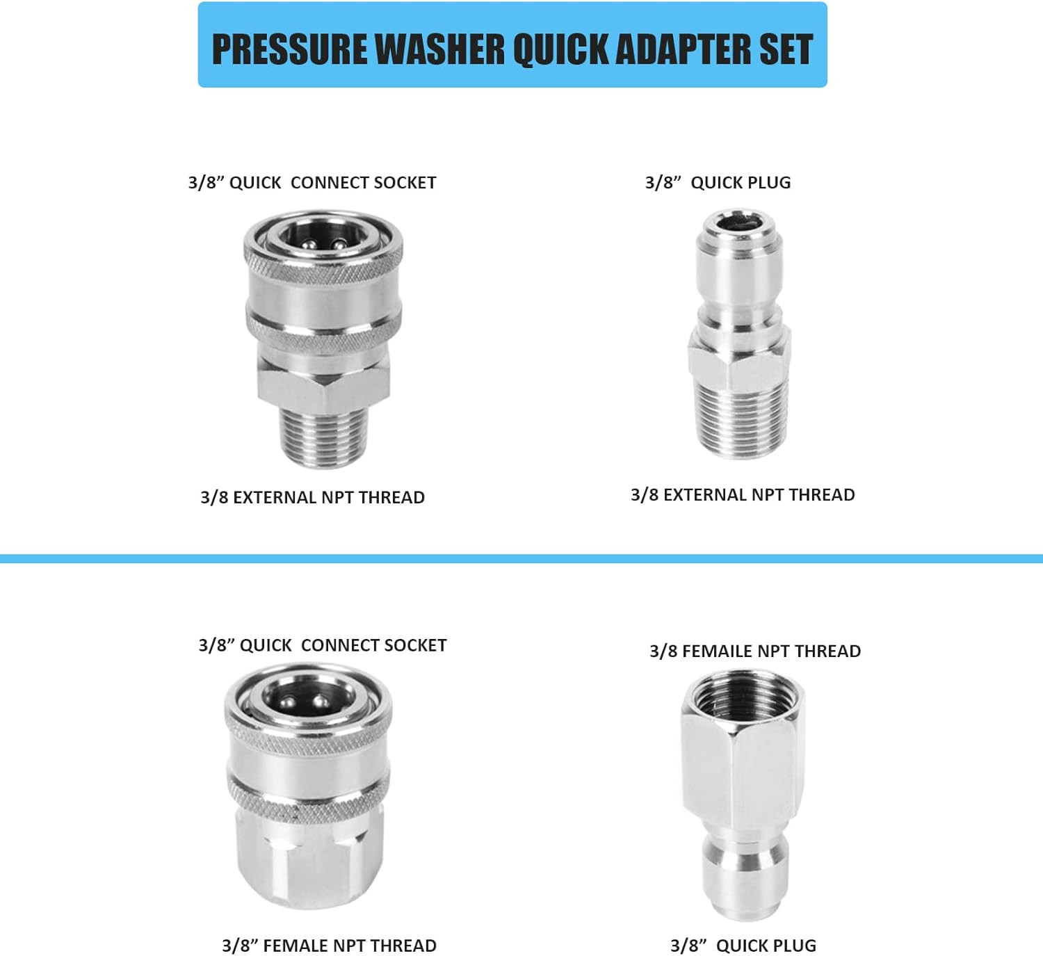 2 Sets 3/8 Inch Pressure Washer Coupler, Stainless Steel,Quick Connect Plug Male