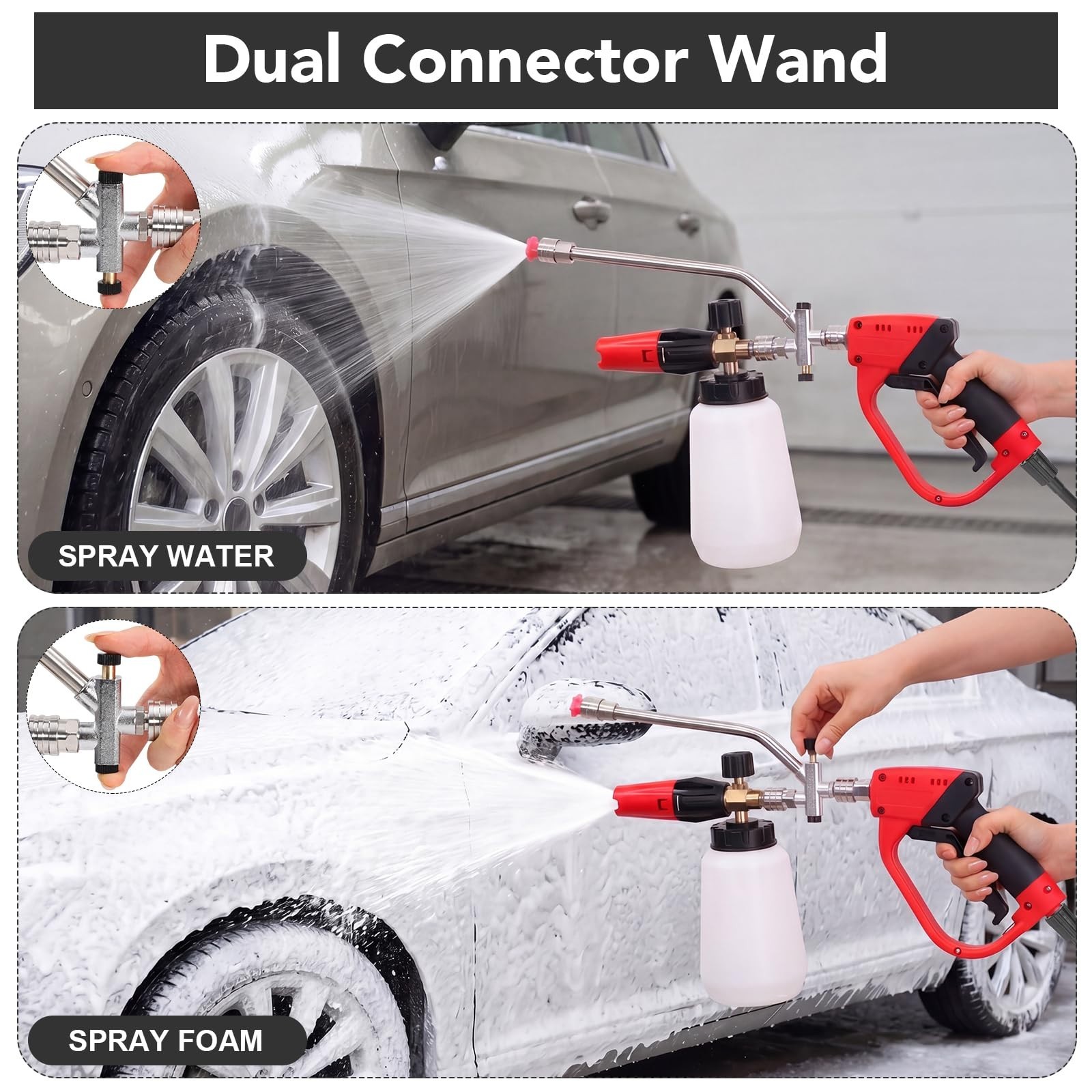 Pressure Washer Foam Cannon, 5000PSI Dual Connector, 2-in-1 Rinse Tool, 6 Nozzle