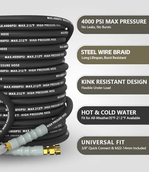 Pressure Washer Hose 4000 PSI – Kink Resistant Steel Braided Layer & 100FT Black