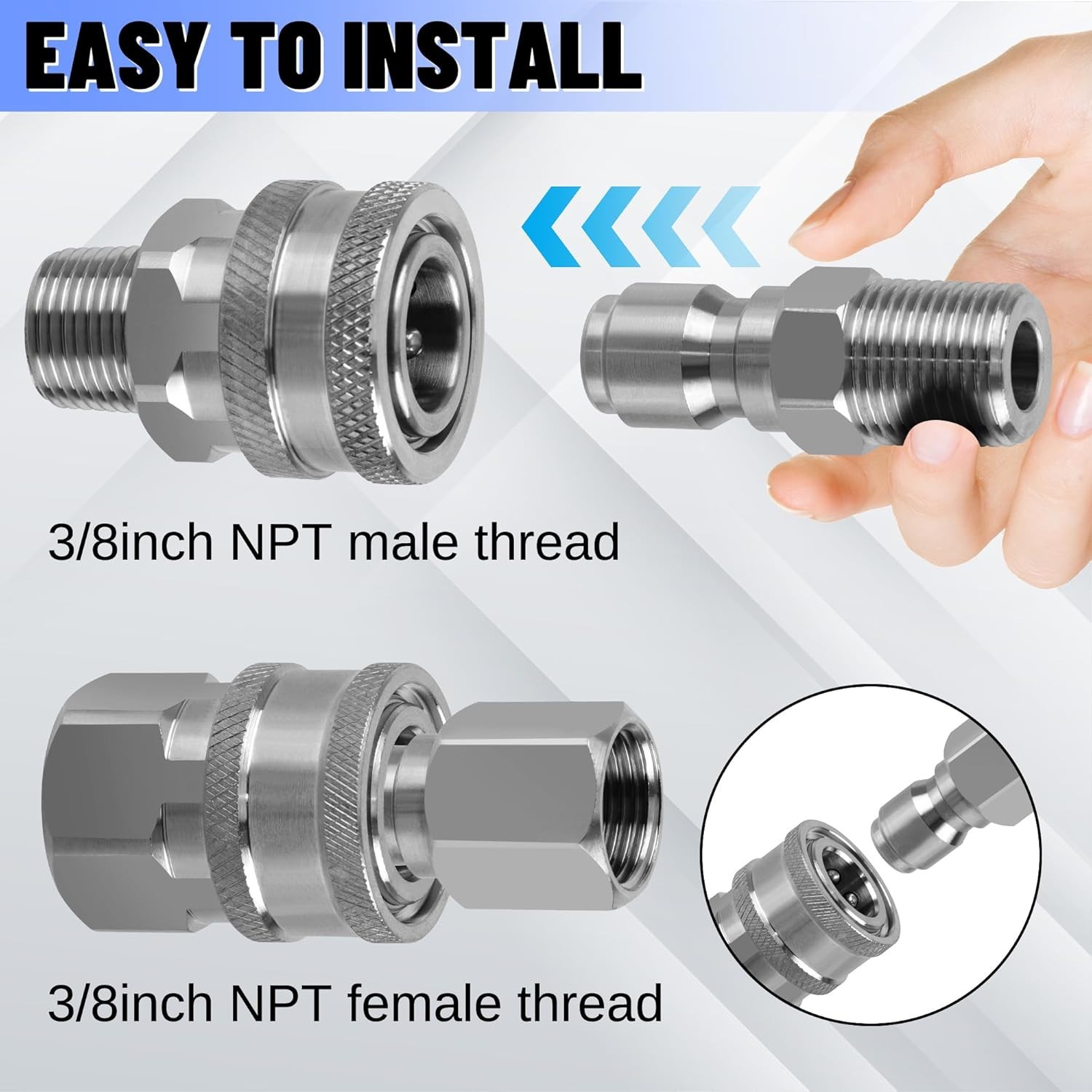3/8 Quick Pressure Washer Quick Connect Kit,Stainless Steel- 8 Pcs Professional