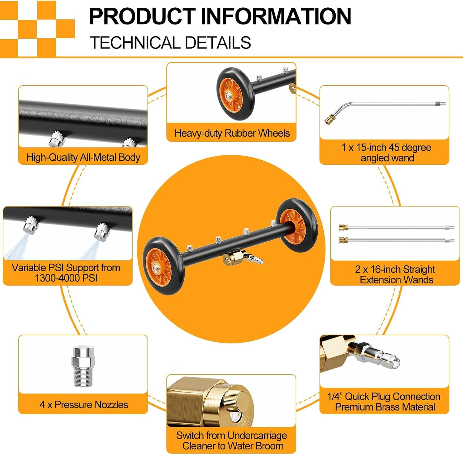 16 Inch Undercarriage Pressure Washer Attachment for Cold & Hot Water Max 212℉,