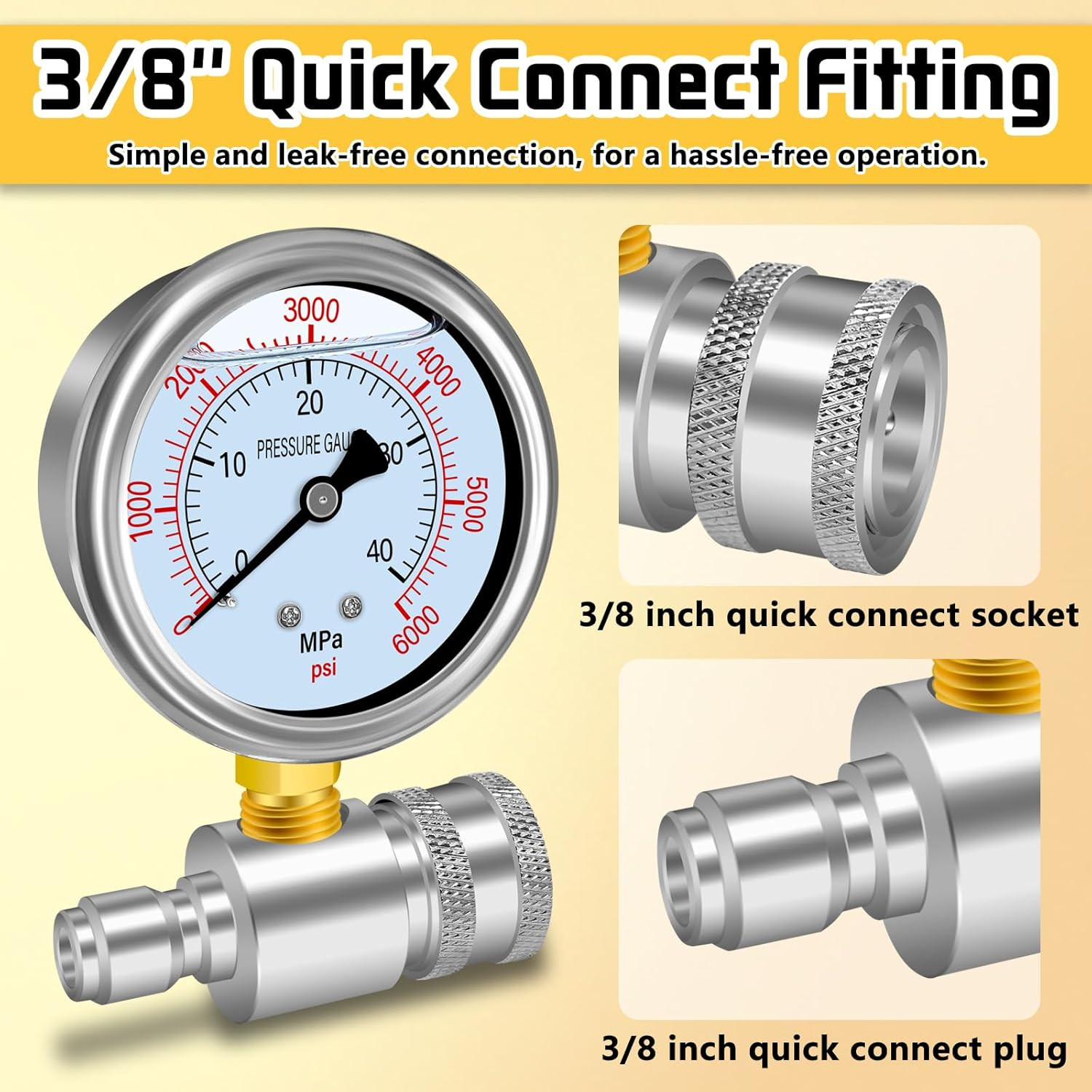 Pressure Washer Gauge Kit, Pressure Gauge for Power Washer with 3/8Inch Quick Co