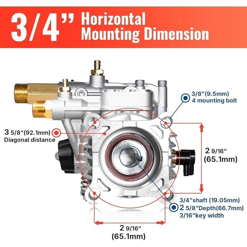 Horizontal 3/4 Inch Shaft Pressure Washer Replacement Pump Easy Start 2.5 GPM US