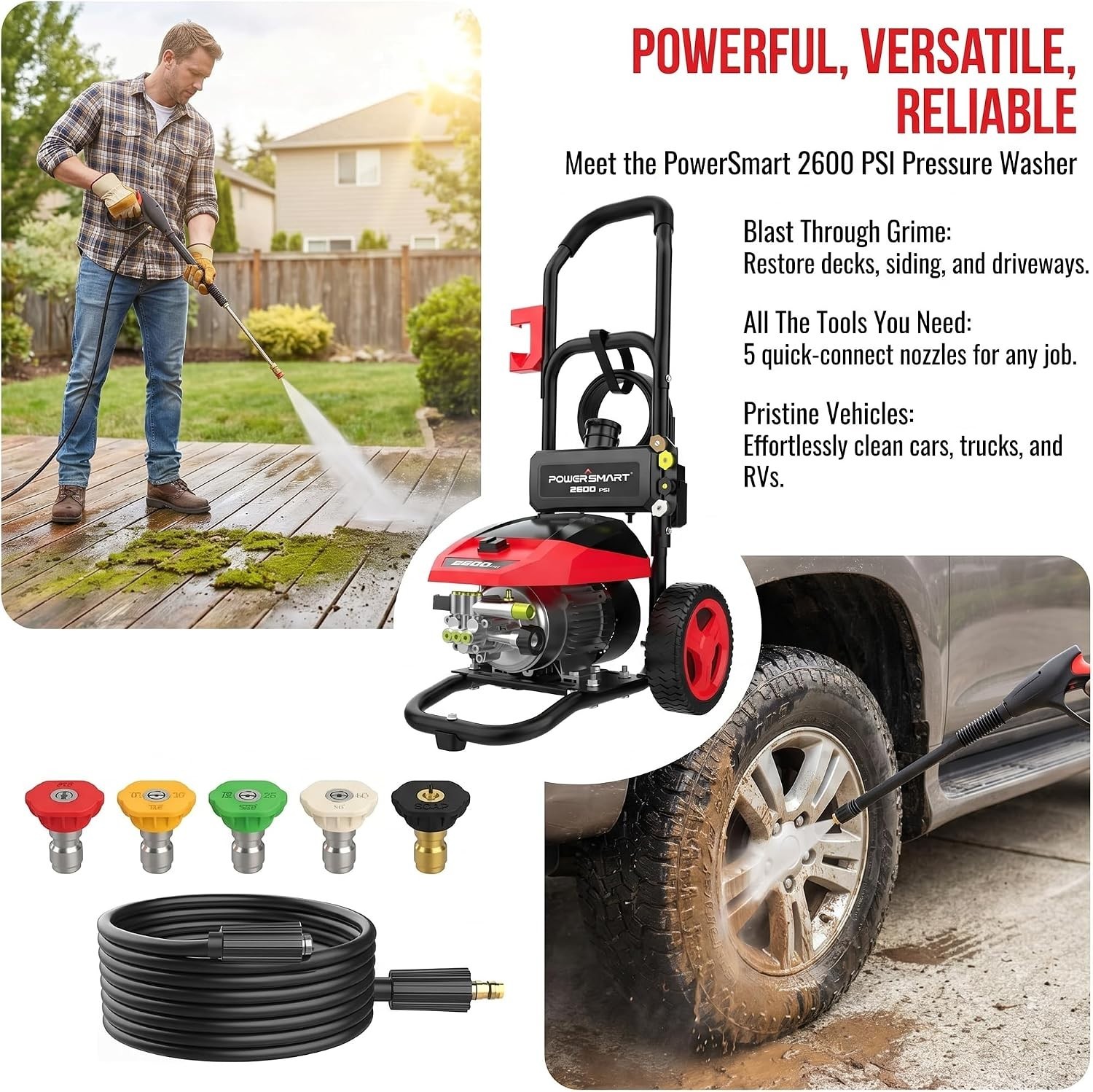 Versatile Electric Pressure Washer – 2600 PSI with 5 Quick-Connect Nozzles