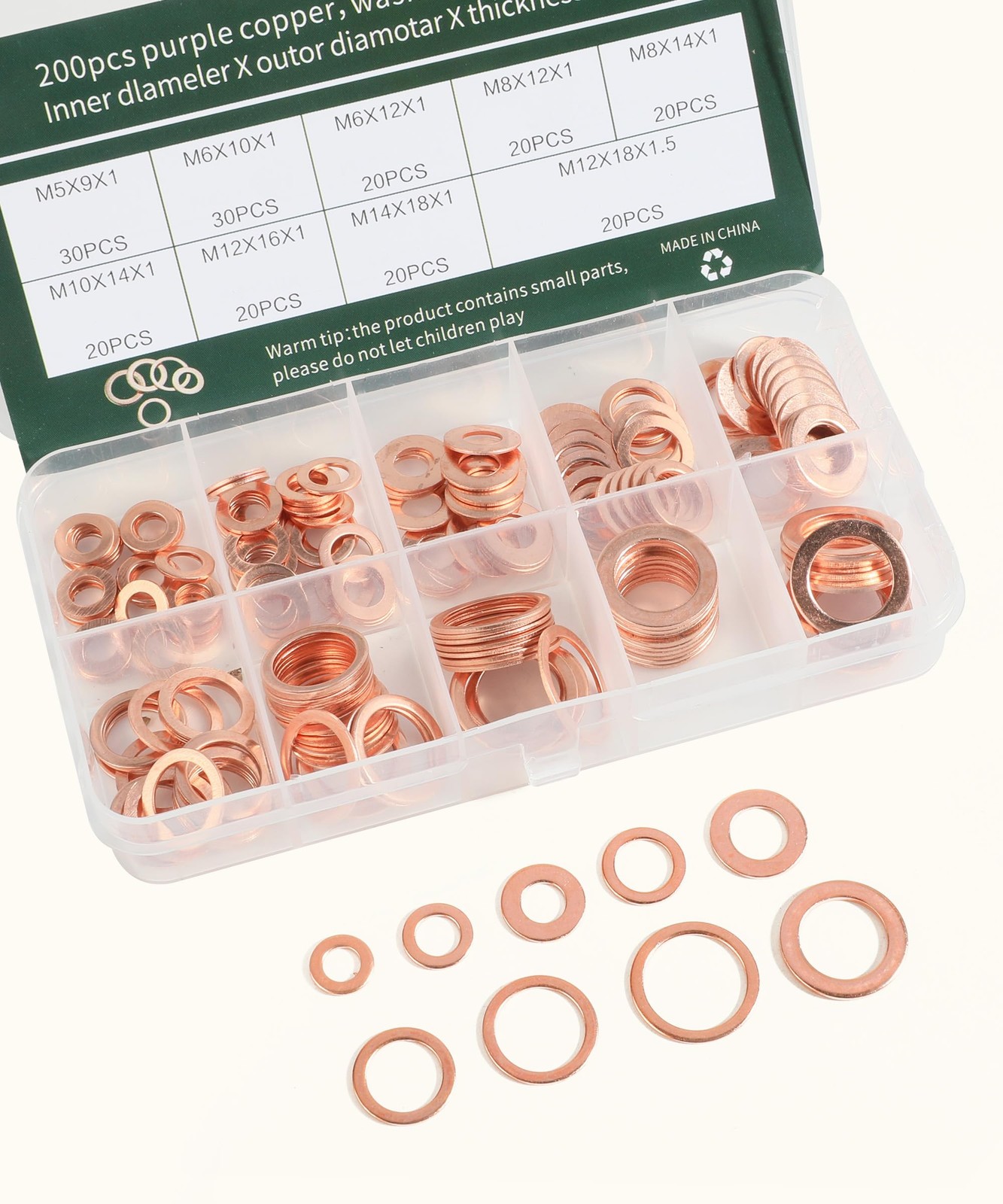 200 Pcs 9 Sizes Copper Metric Sealing Crush Washers Assortment Kit for Most Cars