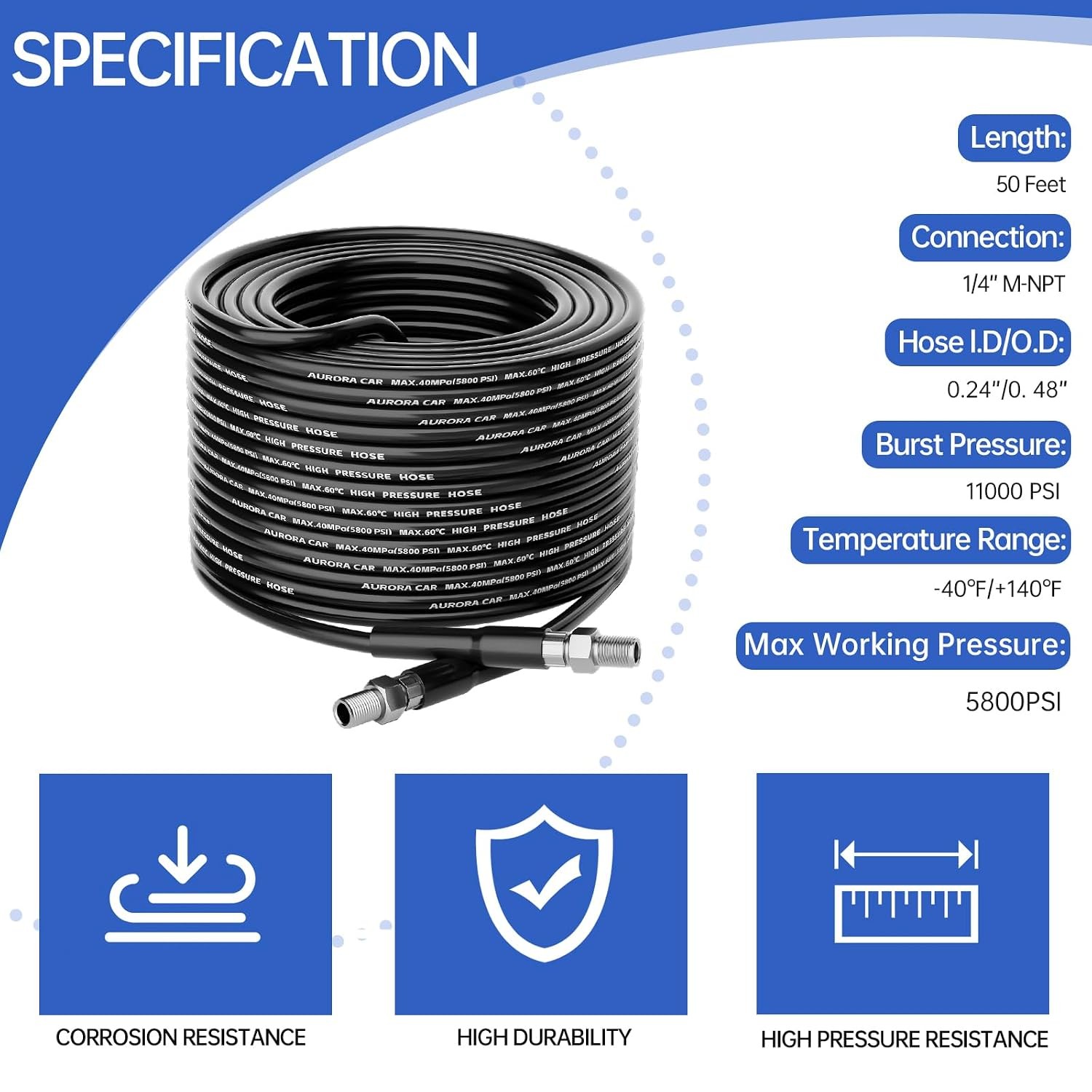 50FT 1/4 Inch NPT Corner Sewer Jetter Kit for Pressure Washer Drain Cleaner