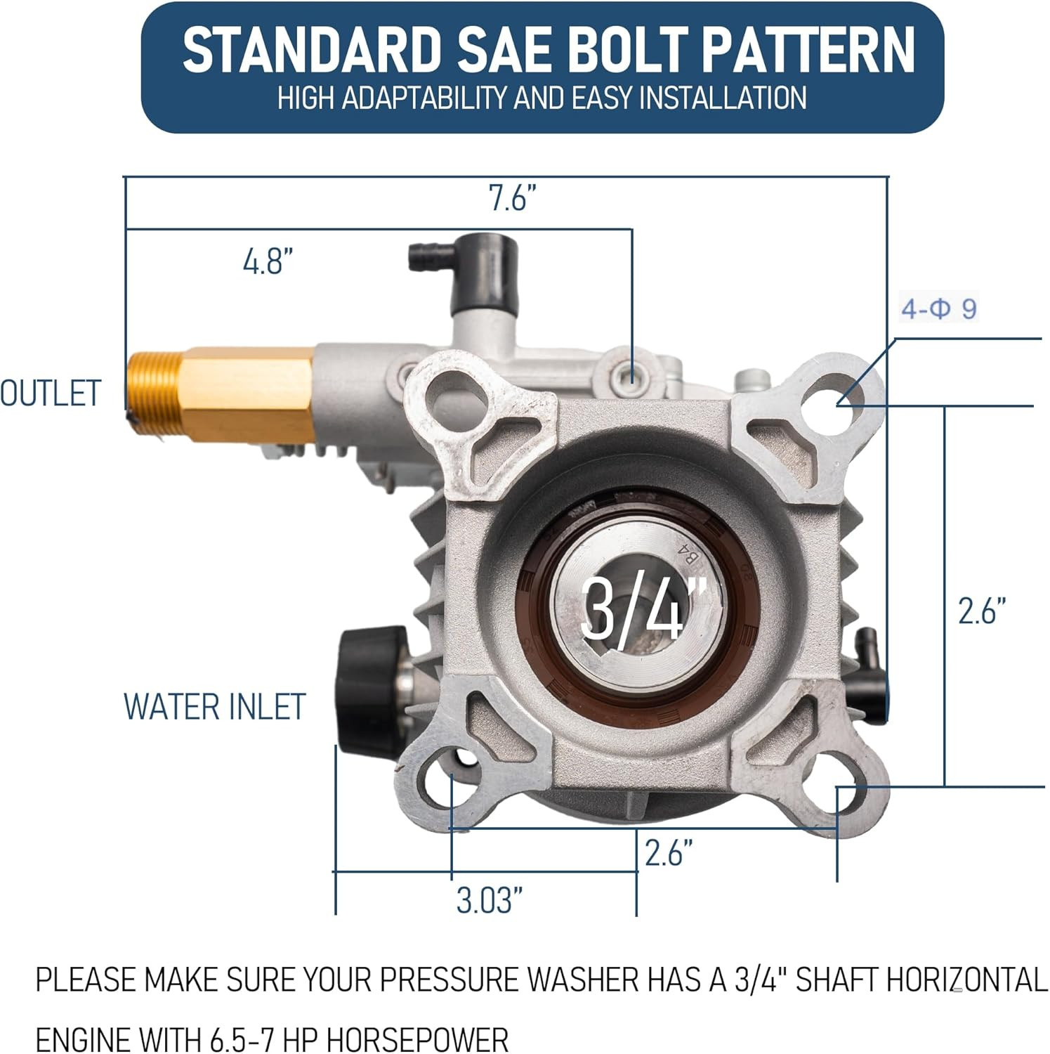 3/4″ Shaft Horizontal Pressure Washer Pump, 3400PSI 2.5GPM