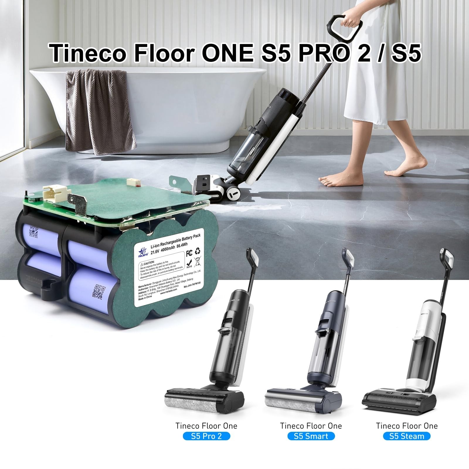 High-Capacity 21.6V 4000mAh Lithium Ion Battery for Tineco S5 PRO 2 & Floor ONE
