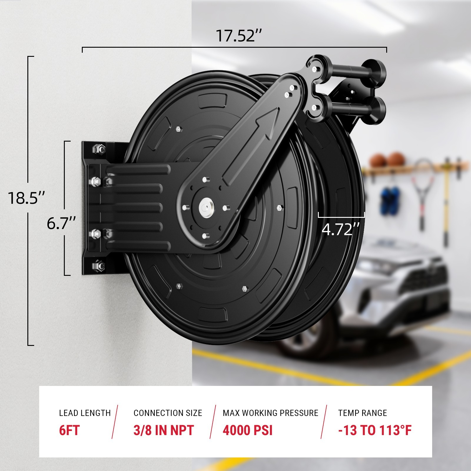 Pressure Washer Hose Reel Dual Arm 3/8in x 50ft Retractable Pressure Washer Reel