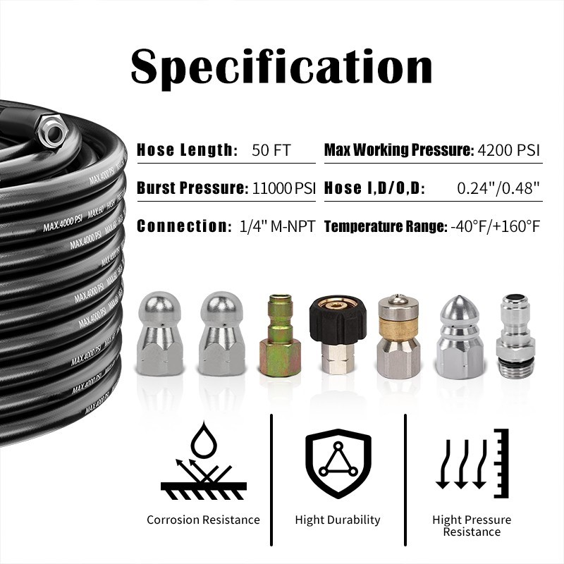 50FT Sewer Jetter Kit for Pressure Washer 4000PSI Drain Cleaner Hose 1/4 Inch