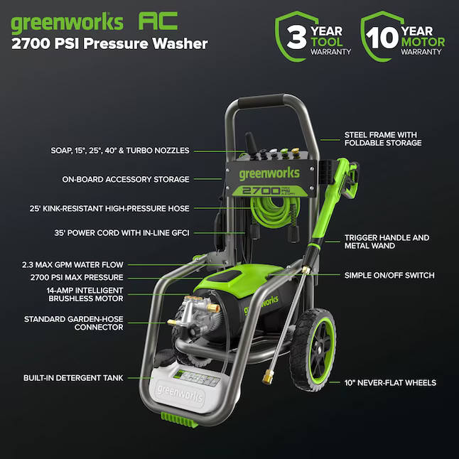 Greenworks GW271 2700-PSI 2.3-GPM Water Electric Pressure washer with 5 Spray…