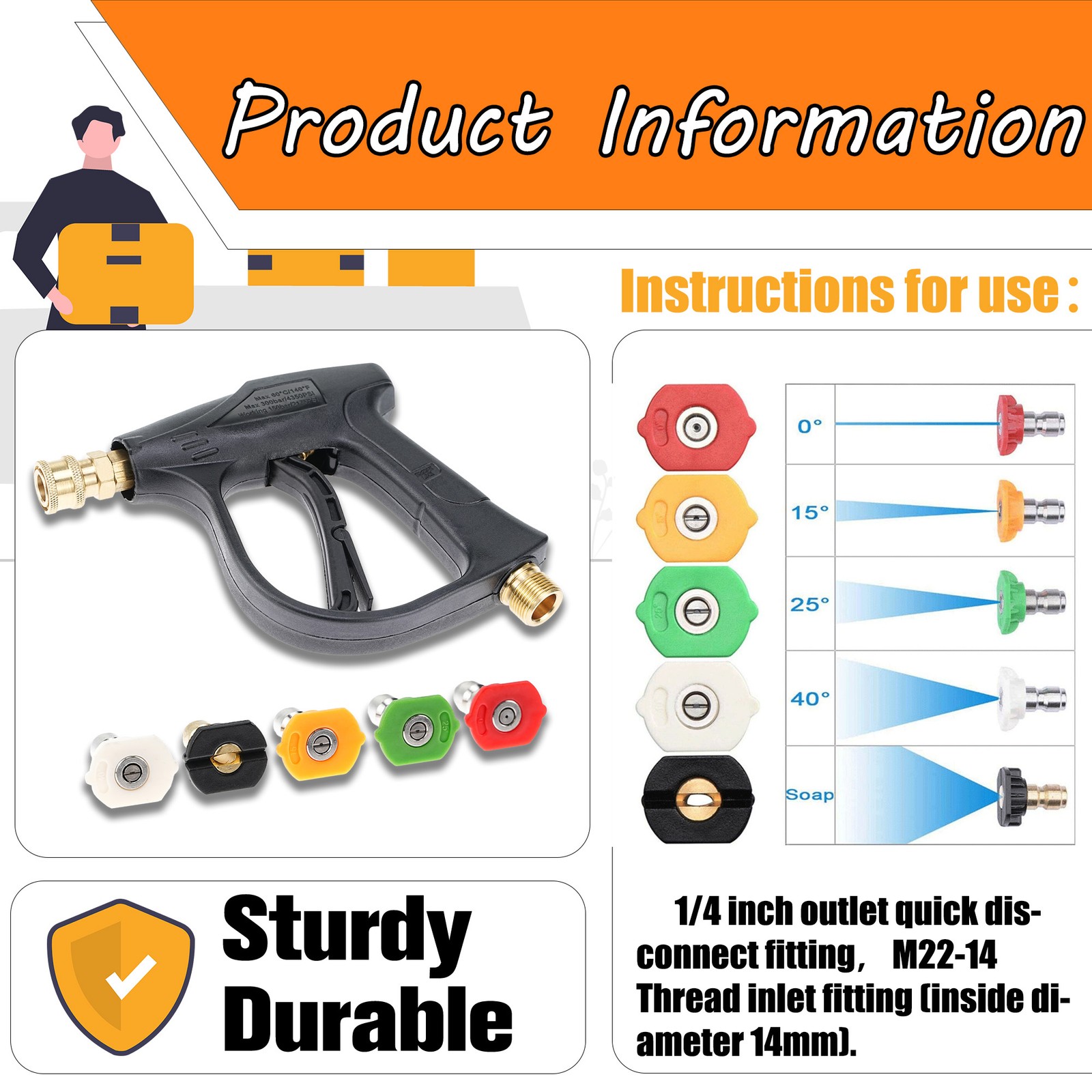High Pressure Washer Gun 3000 PSI Max with 5 Color Quick Connect Nozzles