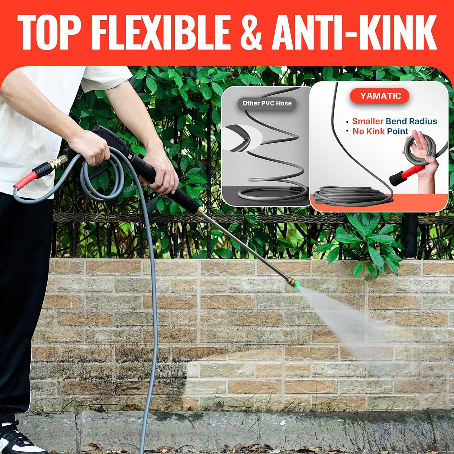 YAMATIC Pressure Washer Gun and 50FT Flexible Hose Stainless Steel Wand | 4000PS