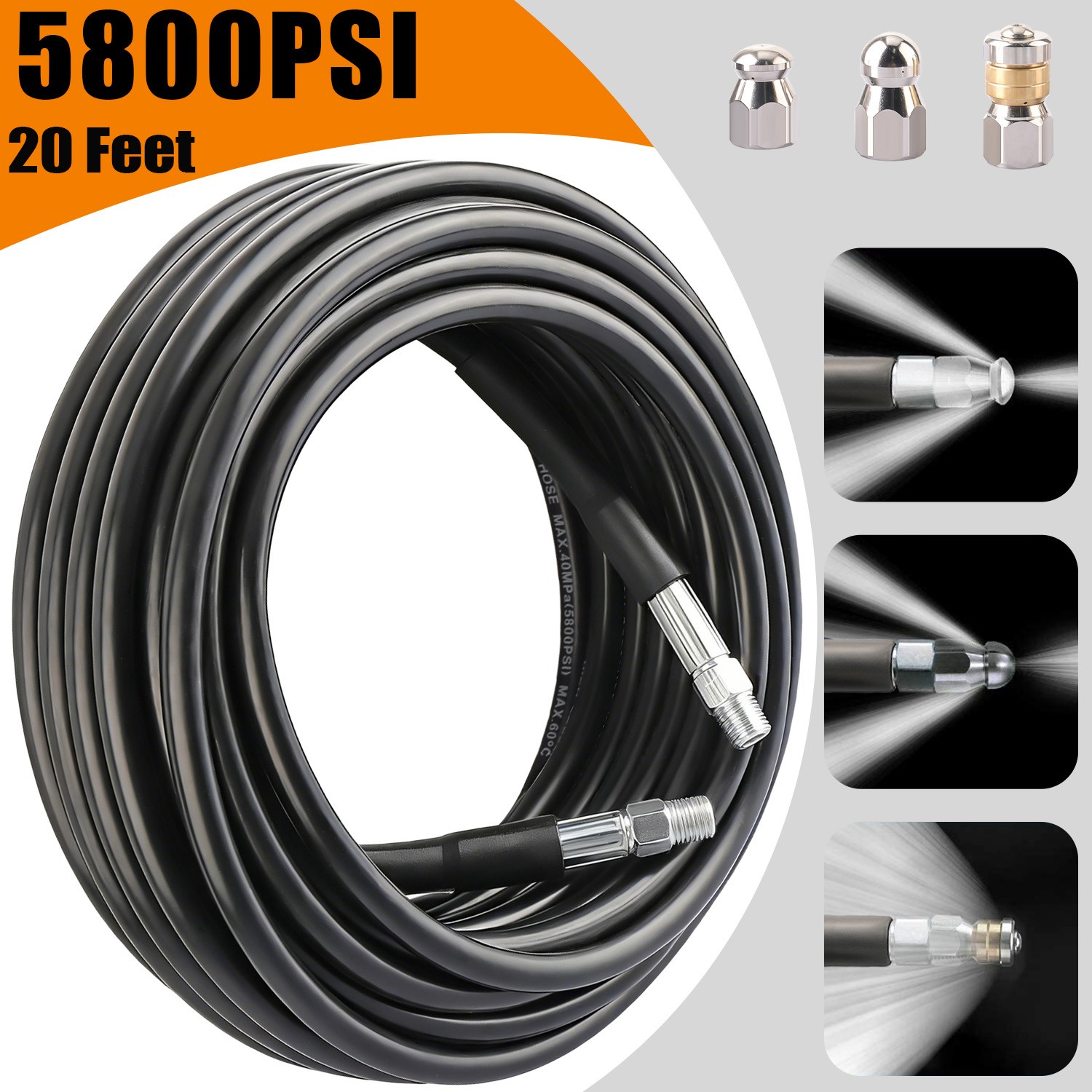 20FT Sewer Jetter Nozzles Kit Drain Cleaning Hose for Pressure Washer 5800PSI US