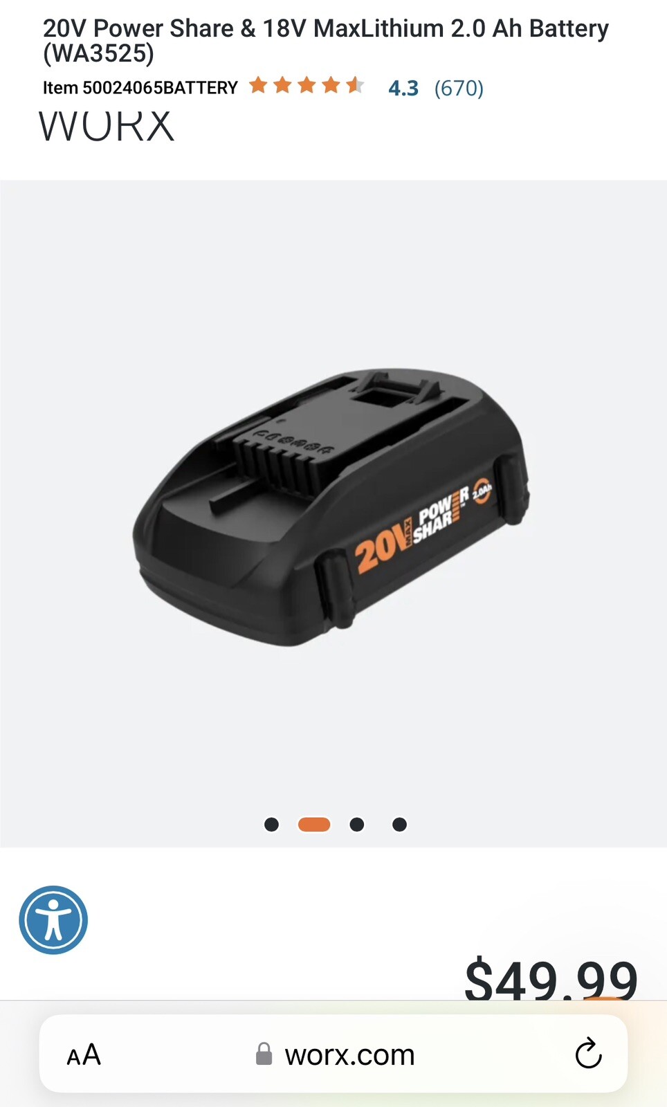 WORX Hydroshot 320psi 20V Cordless Portable Power Cleaner w/ Accessories For Car