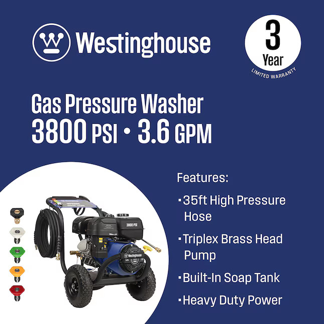 Westinghouse WPX3800 Heavy Duty 3800-PSI 3.6-GPM Cold Water Gas Pressure washer