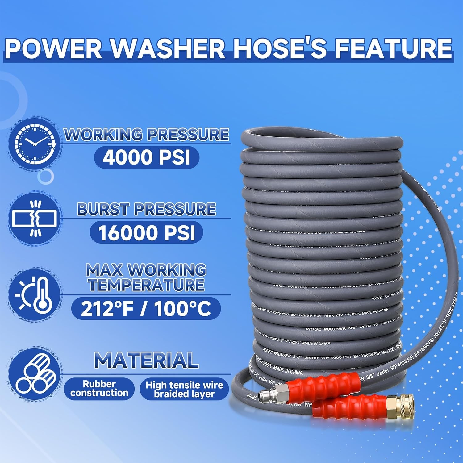 100ft x 3/8in Pressure Washer Hose 4000 PSI Gray