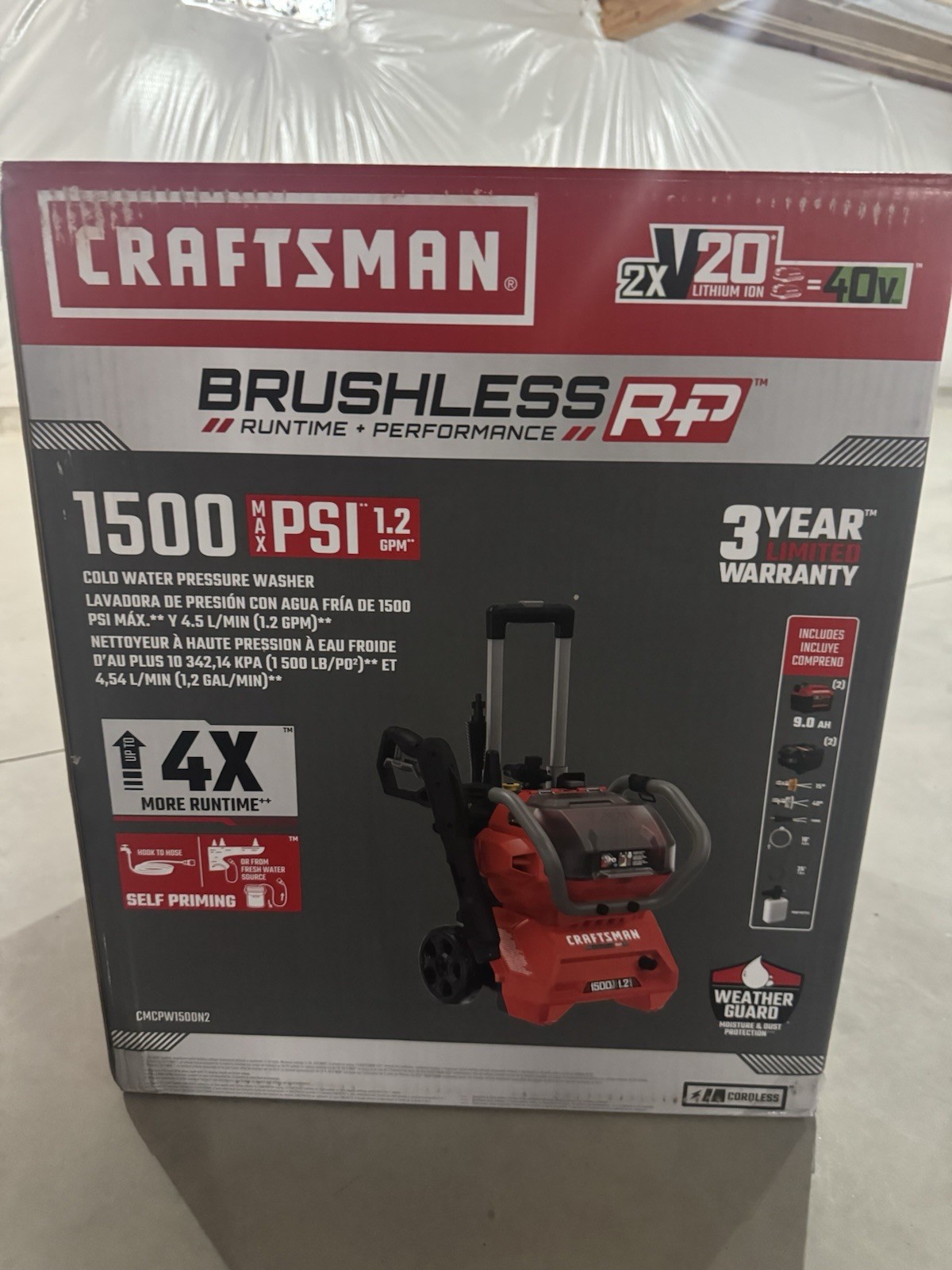 Craftsman V20 1500 PSI Cold Water Pressure Washer with 2 extra 9.0 ah batteries