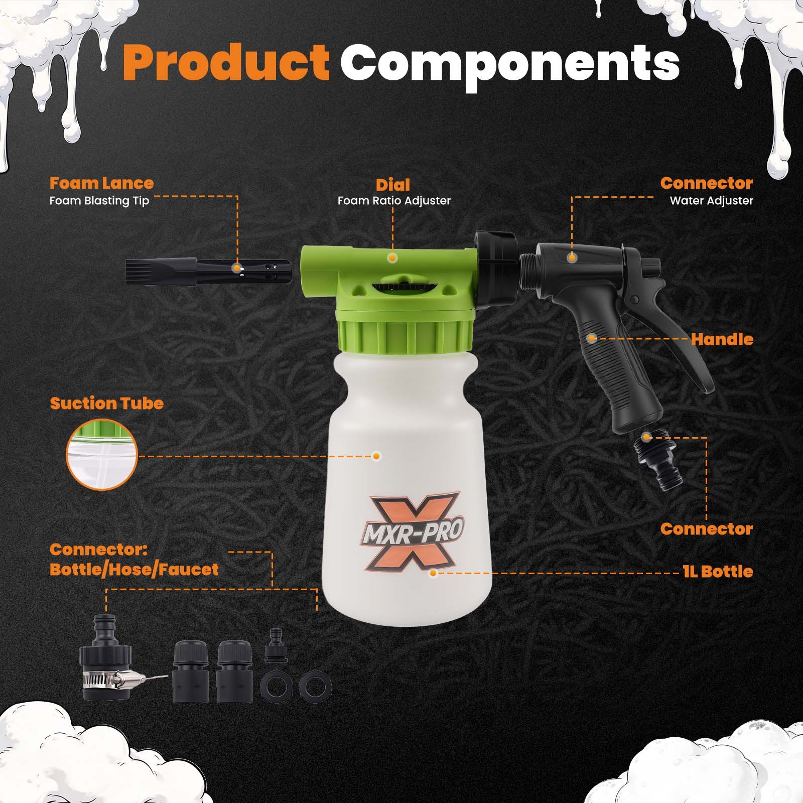 1L Foam Gun Kit for Car Cleaning Hose 5/8′ Quick Connector Plastic Nozzle
