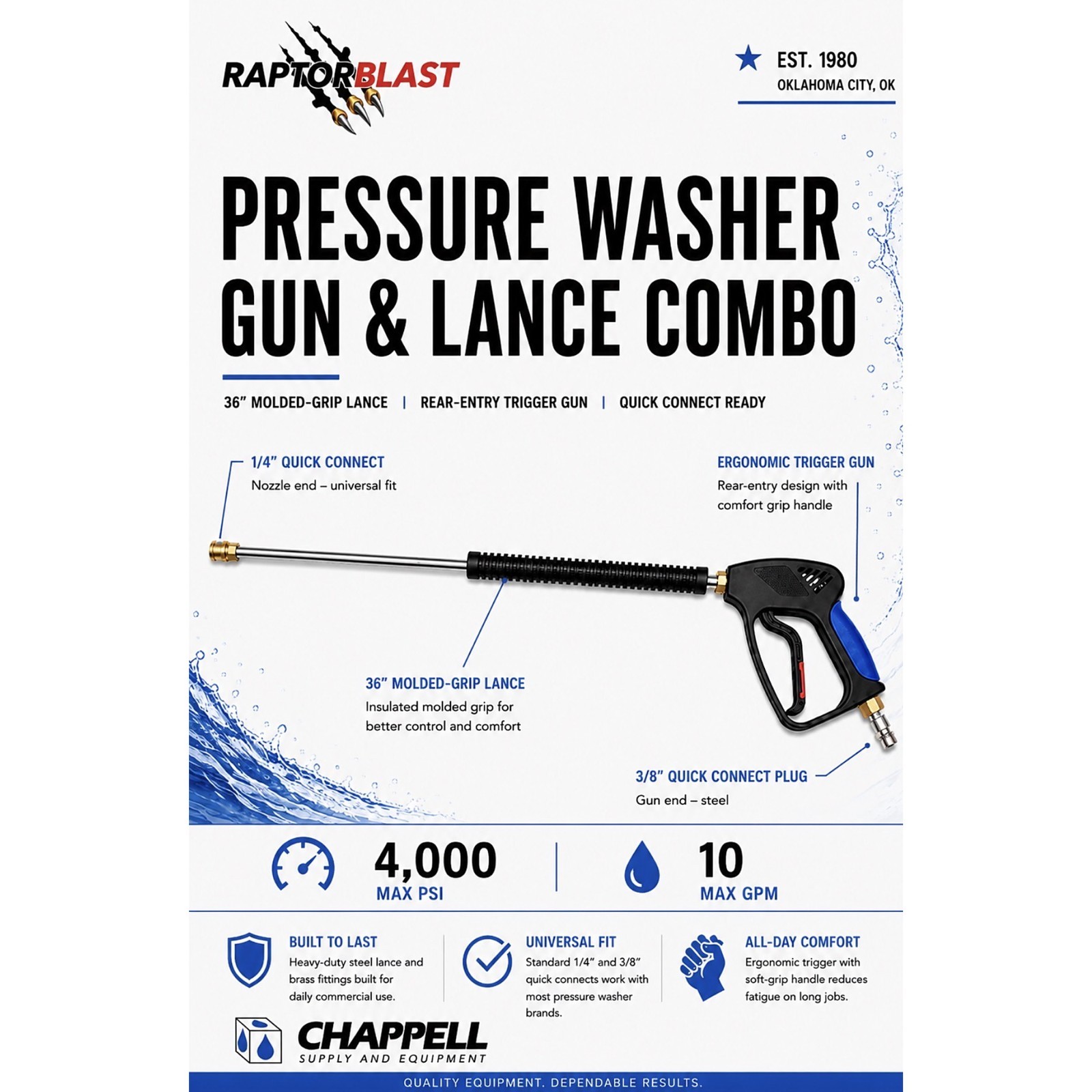 Deluxe Comfort Grip 4000 PSI 10 GPM Pressure Washer Gun and 36″ Wand w/ Couplers
