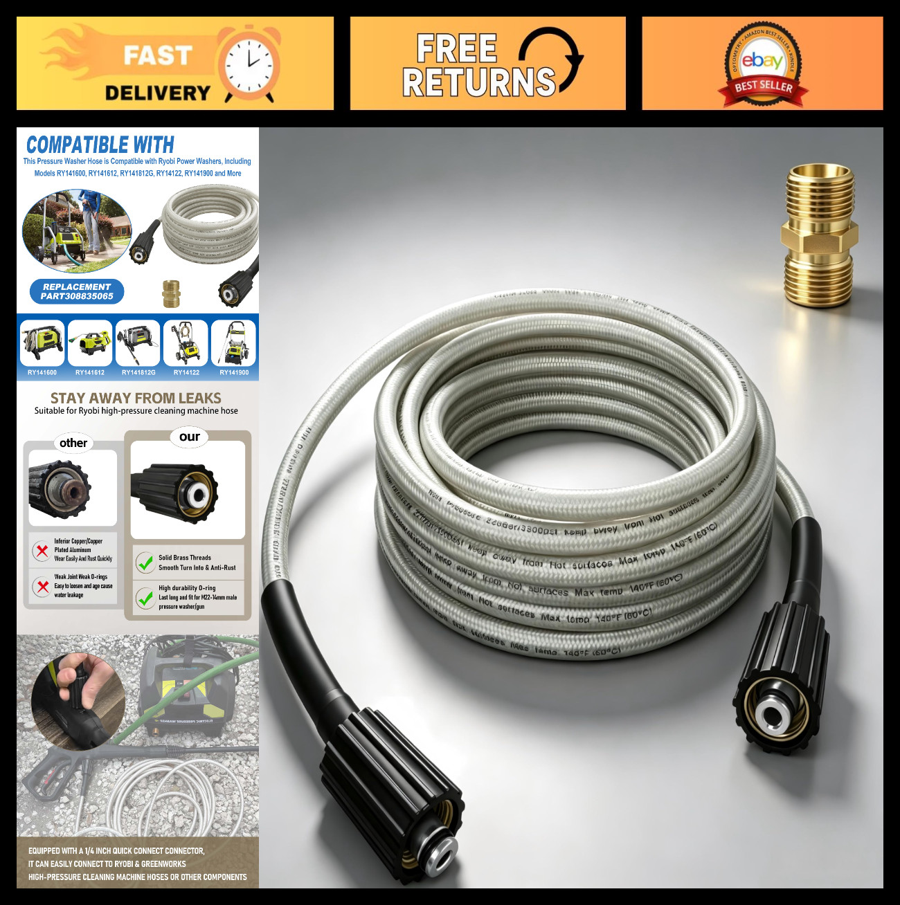 Durable 25ft Pressure Washer Hose – Anti-Kink Braided Replacement for RY14122/RY