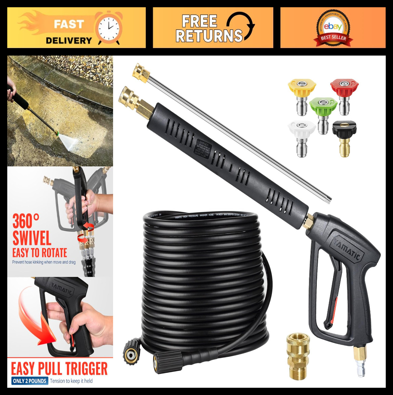 Pressure Washer Gun & Hose Kit – 50FT Kink Resistant, 4000 PSI, Quick Connect Fi