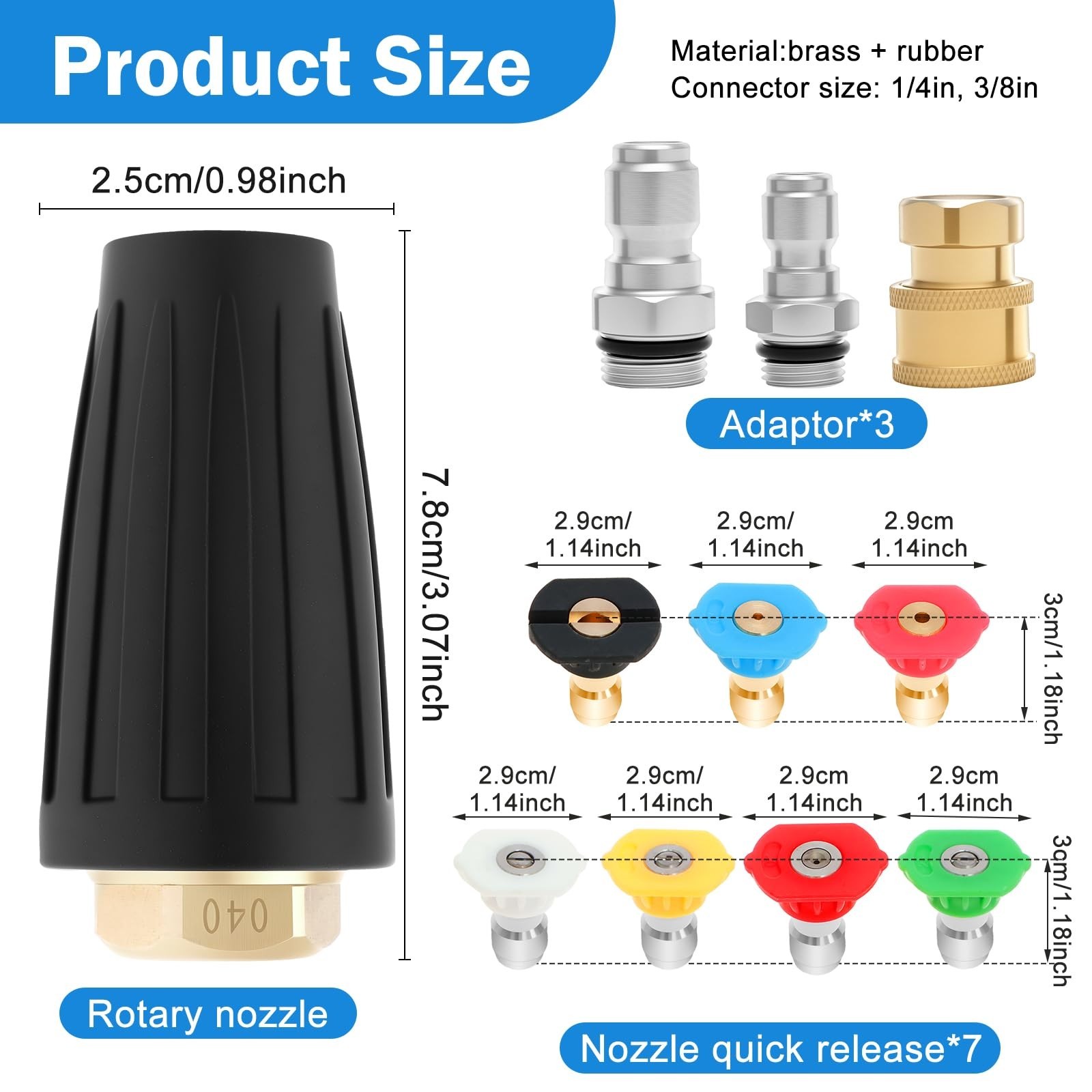 8Pcs Pressure Washer Nozzle Tips Kit | 4000 PSI, 360° Rotating, Quick Connect, 7