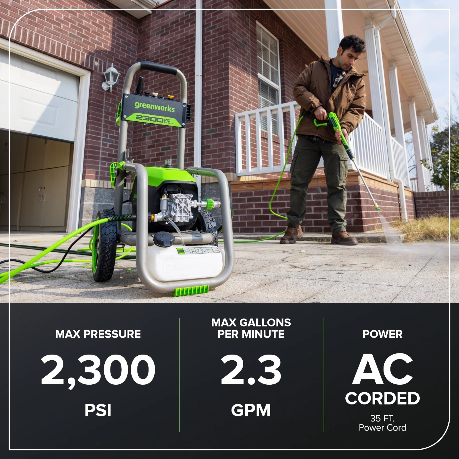 Greenworks 2300 PSI Electric Pressure Washer(Gen2) 35Ft Cord 25Ft Hose 5 Nozzles